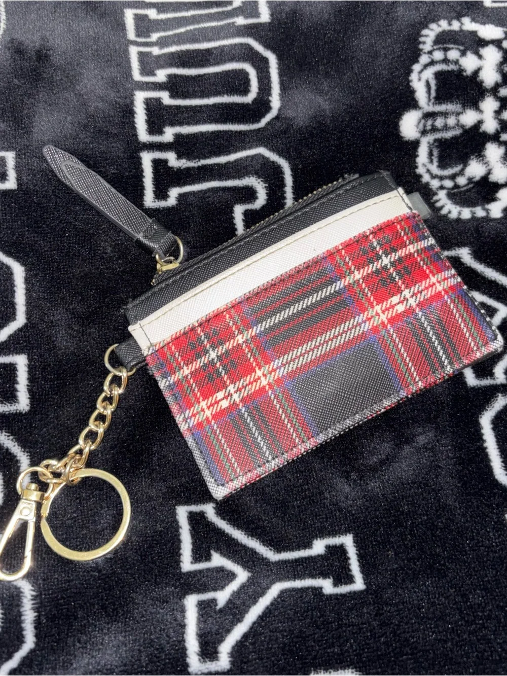 Steve Madden Black, Red and Cream Plaid Card Case with Gold Chain